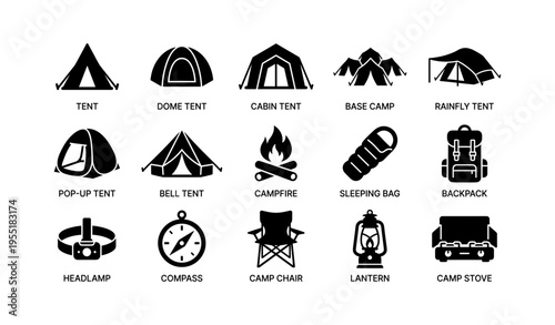 Icon set of camping gear including tents, campfire, backpack, lantern, and compass