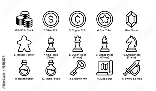 Board game icons set featuring coins, chess pieces, potions, and tools