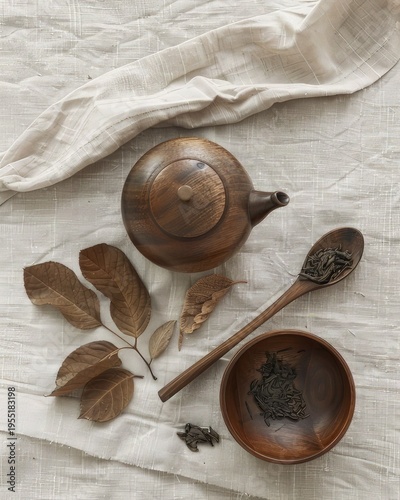 Minimal Tea Set with Ceramic Teapot and Wooden Spoon
