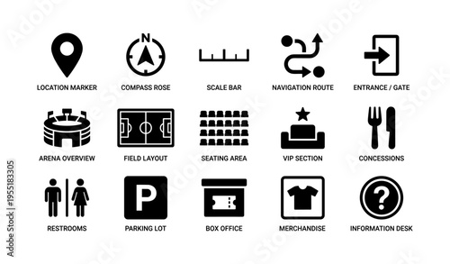 Set of venue icons: location marker, compass rose, navigation route, seating area, concessions