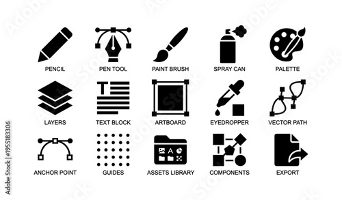 Graphic design tools icons set featuring pen tool, pencil, paint brush, and more