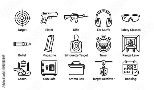 Shooting range equipment icons: target, pistol, rifle, ear muffs, safety glasses
