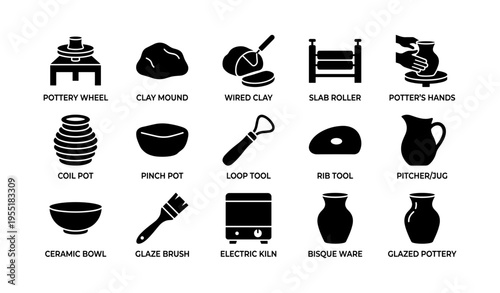 Pottery tools and techniques: clay, wheel, electric kiln, glaze brush, slab roller