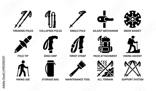 Trekking gear icons: poles, backpack, hiking tools, all-terrain, maintenance essentials