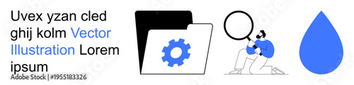 File organization, data management, workflow optimization, research, content storage, teamwork. Folder with gear icon, person with magnifying glass water drop icon. Data management file
