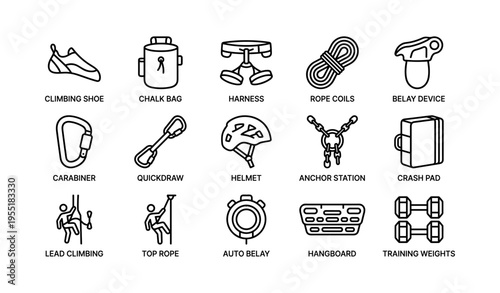 Essential rock climbing equipment icons including harness, rope coils, belay device, and helmet