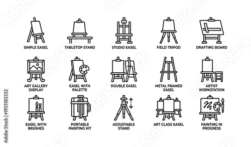 Various types of easels and art displays illustrated in line art
