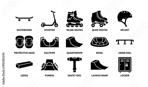 Skateboarding and skating equipment icons set on white background