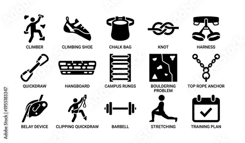Essential rock climbing gear and techniques icons collection