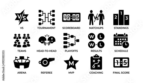 Sports icons set featuring tournament, scoreboard, matchups, standings, and more
