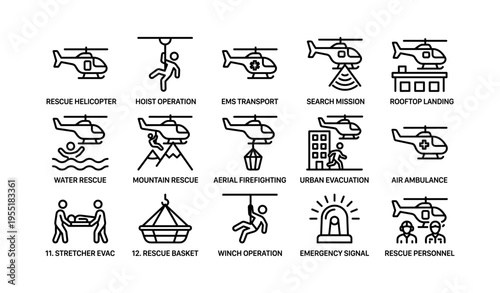 Helicopter operations and rescue icons featuring various emergency scenarios