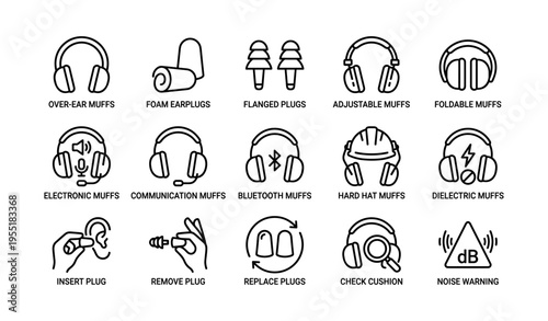 Hearing protection icons: earplugs, muffs, and noise safety symbols