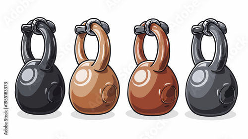 Four kettlebells in a row, two grey and two brown, cartoon style with black outlines