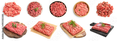 Fresh minced beef on white background, collage