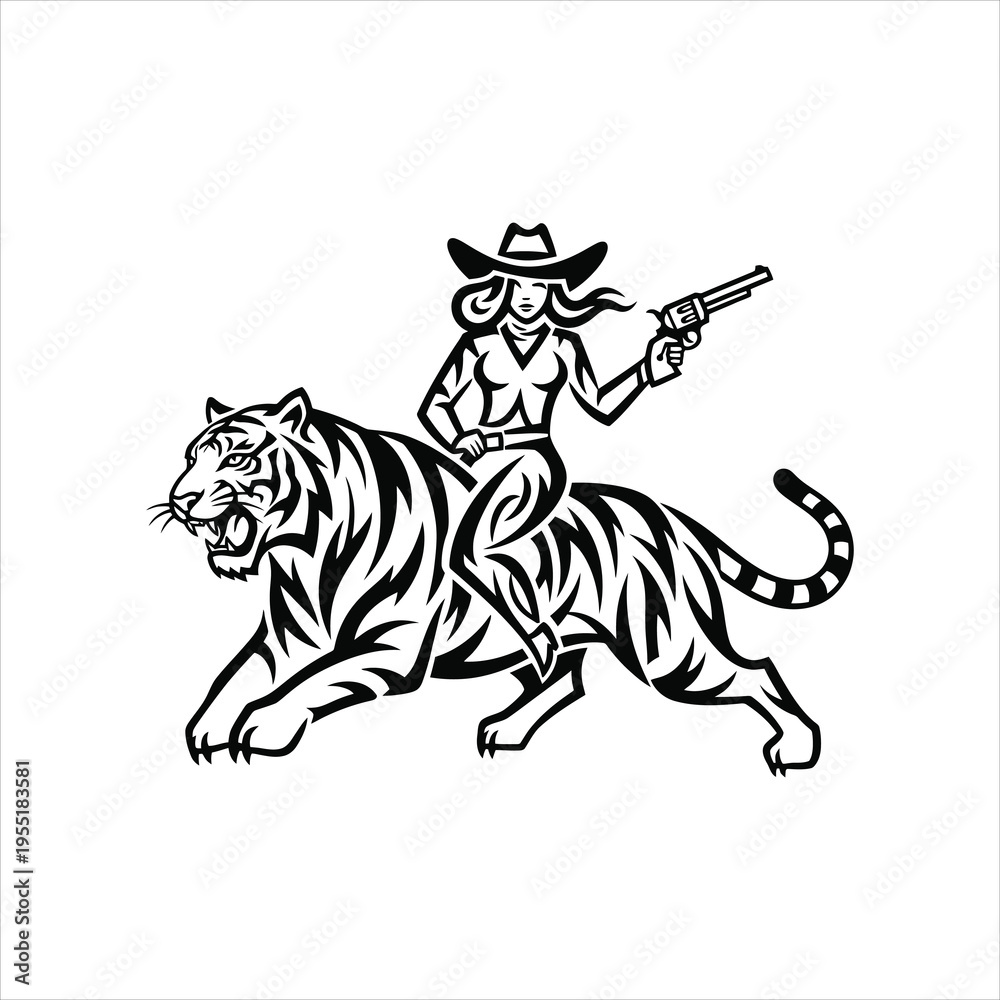 Obraz premium Retro Cowgirl Riding Tiger Silhouette Vector Illustration