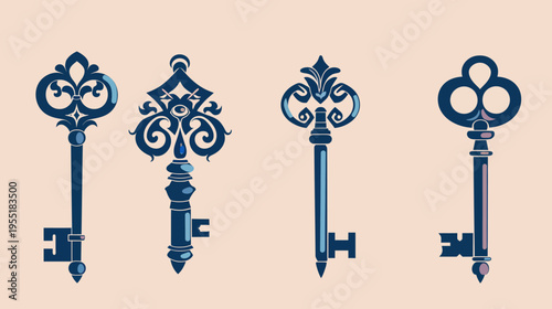 Four ornate, stylized keys in shades of blue against a light pink background