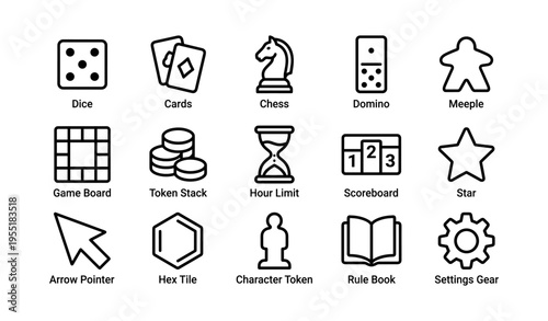 Board game icons: dice, cards, chess, domino, meeple, and more