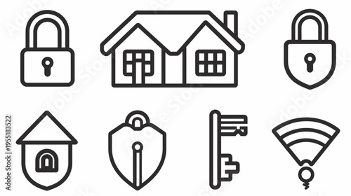 Six outline icons of security padlocks, house, key, and wifi symbol