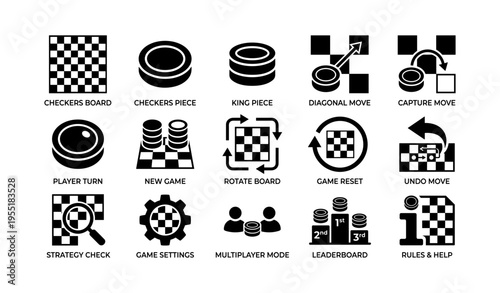 Checkers icons: board, pieces, moves, and game settings illustrations