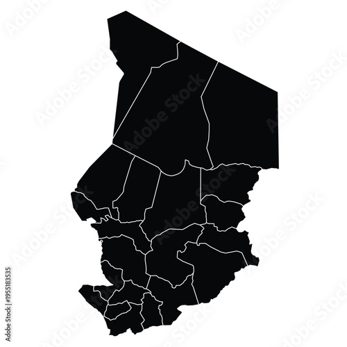 Black Silhouette Map of Chad Divided into Regions