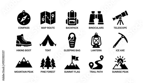 Outdoor adventure icons: hiking and camping gear essentials
