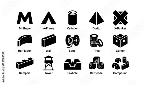 Various paintball bunker icons: m-shape, a-frame, cylinder, dorito, x-bunker