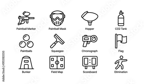 Paintball equipment icons including marker mask hopper tank and map