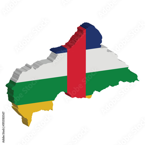 Map of Central African Republic stylized with its national flag in 3D perspective