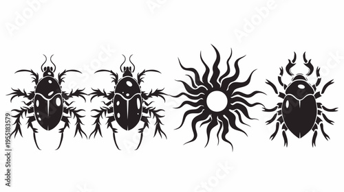 Black-and-white image showcases beetles and a radiant sun in a graphic style