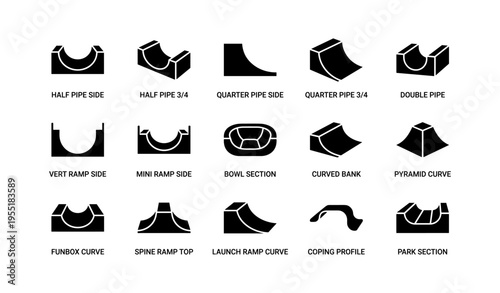 Skatepark elements: half pipe, quarter pipe, bowl section, curved bank, and more
