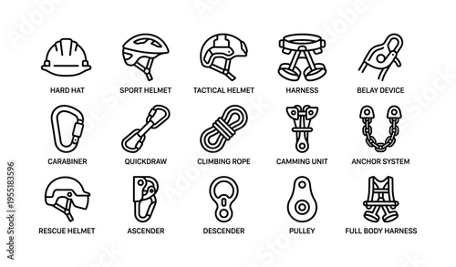 Rock climbing gear icons: helmets, harnesses, ropes, carabiners, safety devices