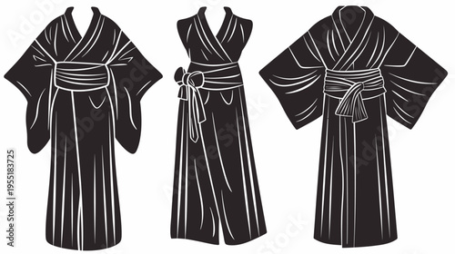 Three silhouettes of draped robes with sashes, in black and white, vector illustration