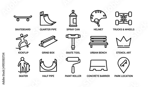 Skateboarding icon set featuring skateboard, helmet, skate tool, and stencil art