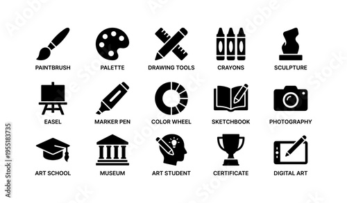 Black icon set of art tools and education featuring paintbrush, palette, easel, sketchbook, digital art