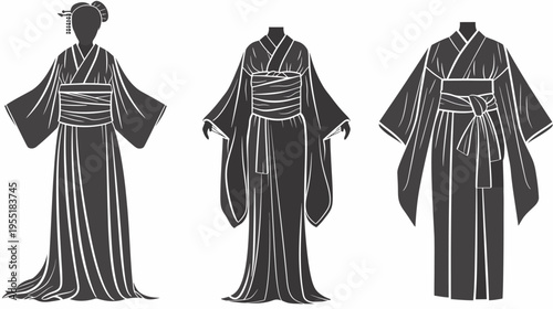 Three stylized dark kimono silhouettes, with varied obi styles and dress lengths