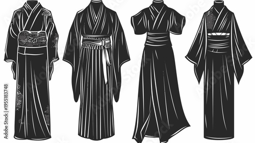 Collection of four black and white kimono-style dresses on a white background