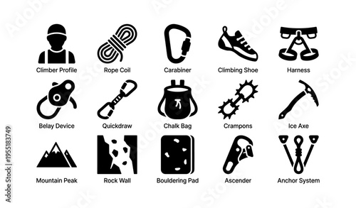 Climbing gear icons: ropes, carabiners, shoes, harnesses, and tools