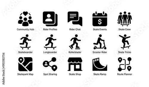 Skateboarding icons: community, profiles, events, maps, shops, tricks, routes