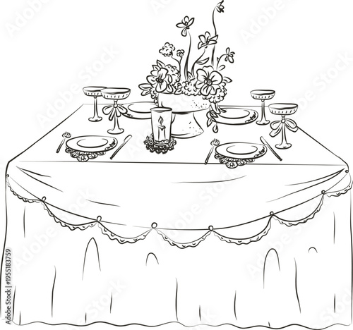 Wedding Table Setting Vintage Sketch