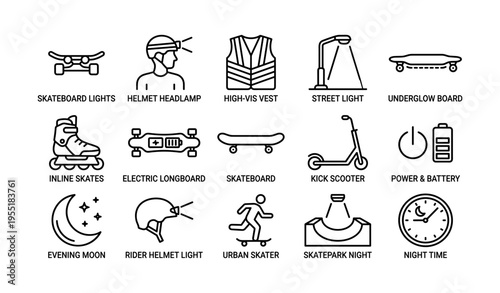 Urban night skating gear: helmets, boards, and safety equipment icons