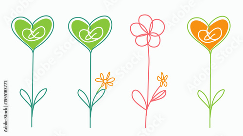Simple cartoon-style floral illustrations with hearts and flowers, doodle-like on white