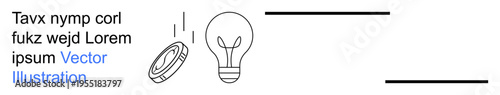 Innovation, business growth, ideas, economy, energy, currency exchange. A lightbulb and a coin are drawn with minimal lines. Innovation and business growth concepts are highlighted