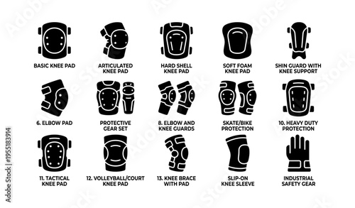 Various types of protective pads for knees elbows and shins