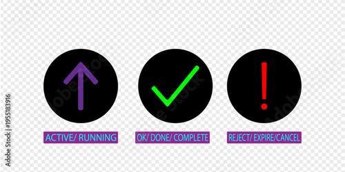 Colorful set of status vector icons representing active, complete, and error states for various processes, including running, done, ok, reject, expire, and cancel notifications