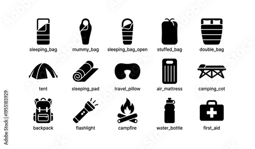 Camping gear icons: sleeping bags, tents, and more essentials