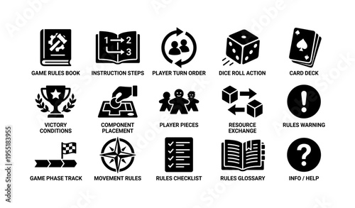 Game rules icons set: book, dice, cards, trophy, players, resources, warning, help