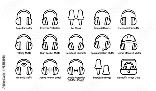 Types of hearing protection devices with various earmuffs and ear plugs