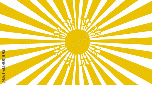 A vibrant design with yellow radiating beams emanating from a central circle with detailed elements