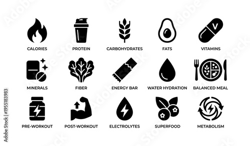 Essential nutrients and fitness icons: protein, vitamins, hydration, energy bar, metabolism