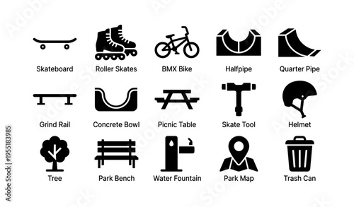 Skatepark icons: skateboard, bmx bike, halfpipe, and more
